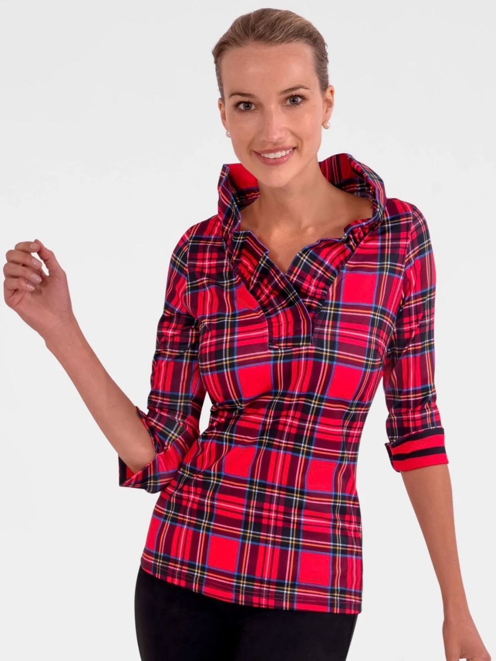 Gretchen Scott Ruff neck 3/4 sleeve top in Duke of York Red size S NWT
